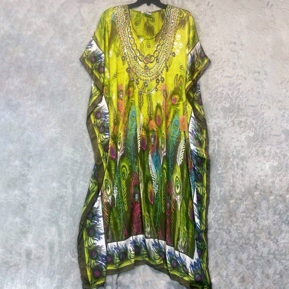 Gold Coast Dress Green Satin Peacock Beaded Kaftan Muumuu Patio Lounger One Size - Picture 1 of 11